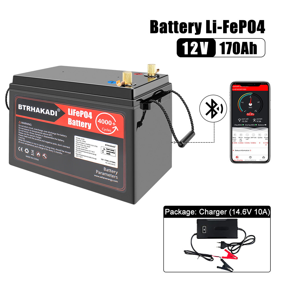 HAKADI 12V 170Ah Lifepo4 Rechargeable Battery Pack Bluetooth BMS With 14.6V 10A Charger For Solar System, RV, Boat