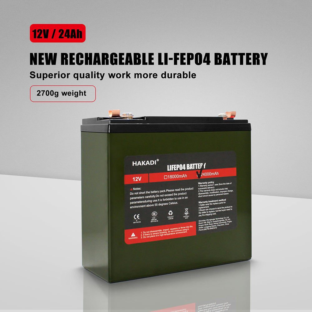 HAKADI LiFePO4 Rechargeable 12V 24Ah Battery Pack With BMS 14.6V 4A Charger For Solar Energy Storage