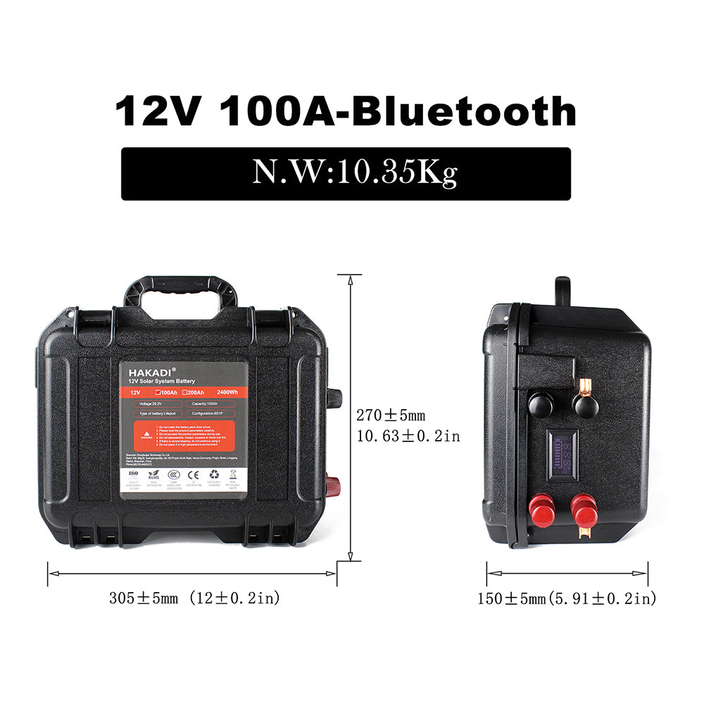 EU Stock HAKADI 12V 100Ah Lifepo4 Battery Pack With Bluetooth BMS and 14.6V 10A Battery Charger For Boat RV Fish Finder