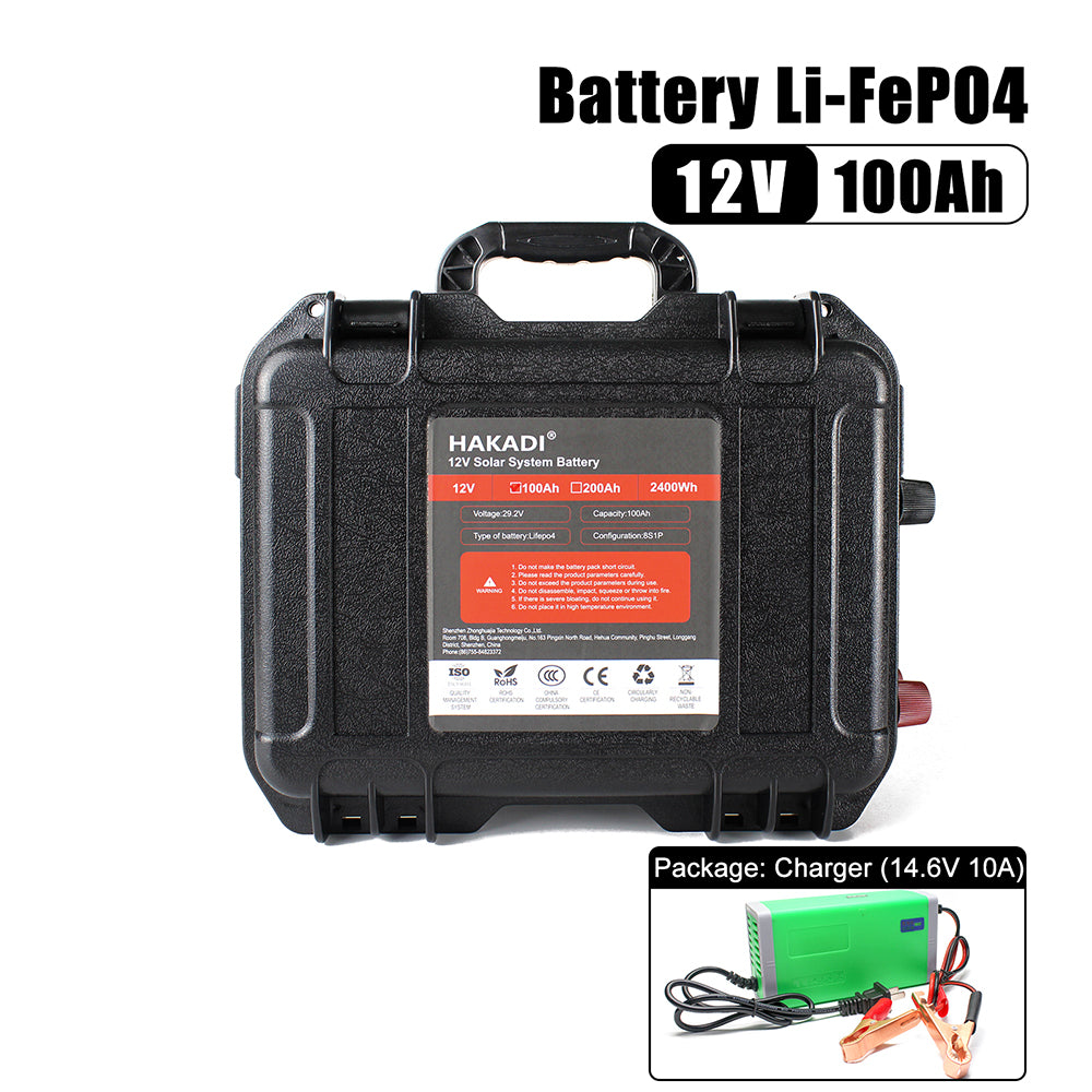 HAKADI 12V 100Ah Lifepo4 Rechargeable Battery Pack Build in BMS With 14.6V 10A Charger For Boat RV Fish Finder
