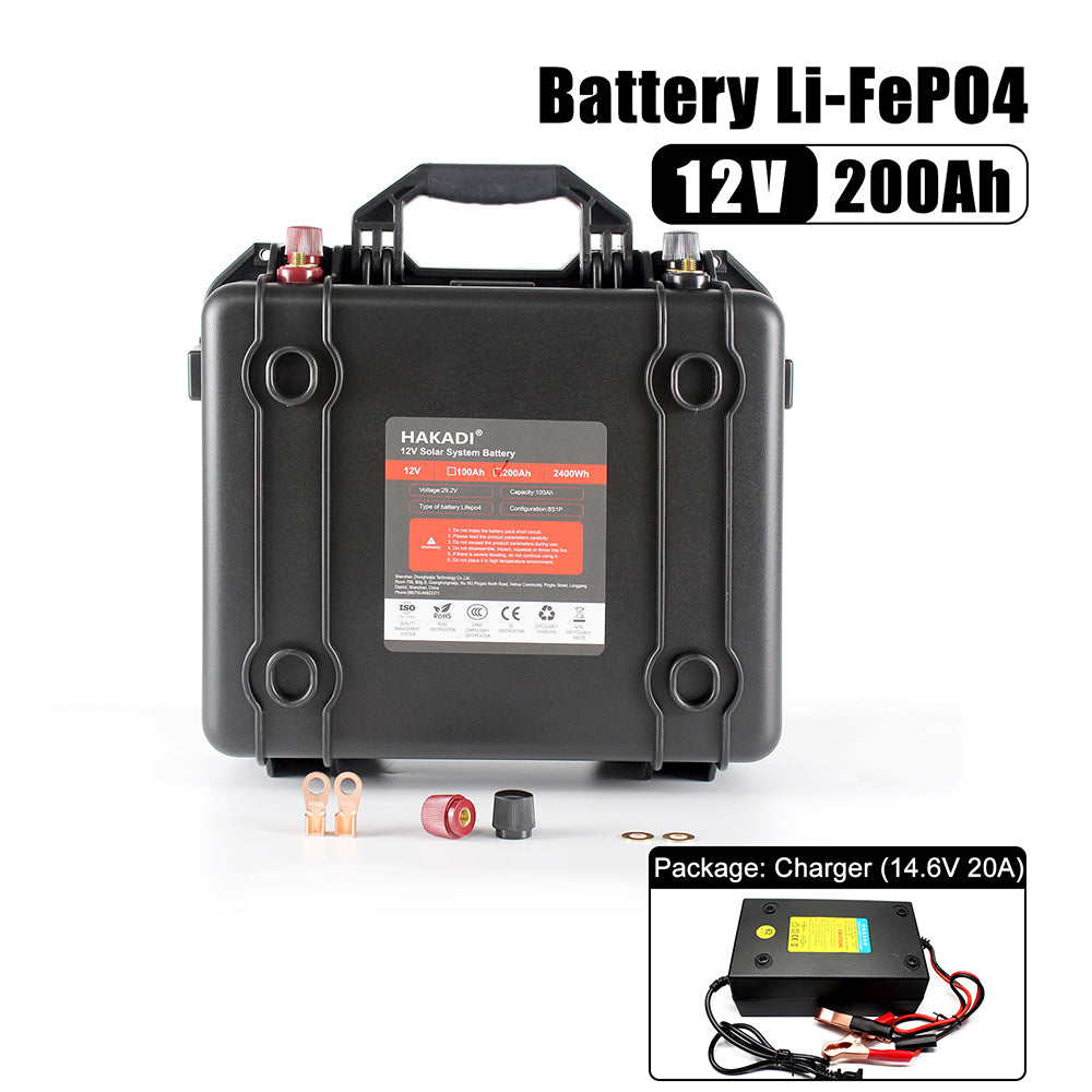 HAKADI Lifepo4 12V 200Ah Rechargeable Battery Pack With BMS 14.6V 20A Charger For Solar System RV Camping Outdoor Backup Power Supply