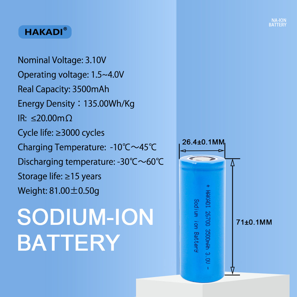 HAKADI Sodium-ion Battery 26700 3V 3500mAh SIB Rechargeable NA Cell Cycle Life 3000+ For E-bike Power Tools