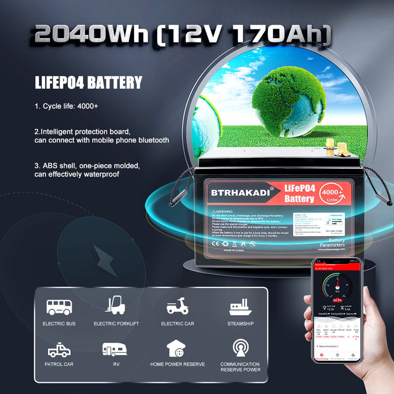 HAKADI 12V 170Ah Lifepo4 Rechargeable Battery Pack Bluetooth BMS With 14.6V 10A Charger For Solar System, RV, Boat