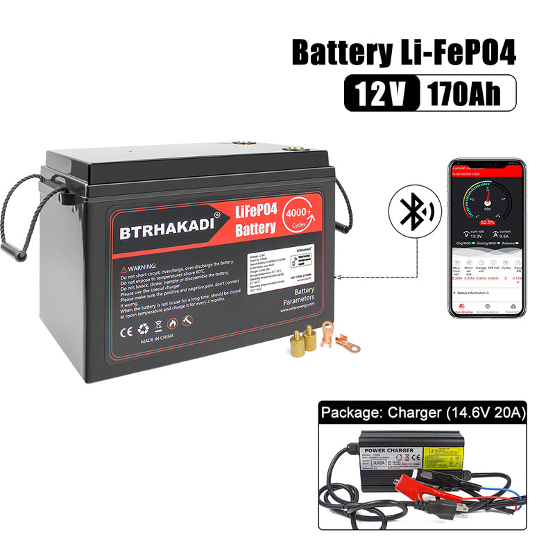 HAKADI 12V 170Ah LiFePO4 Rechargeable Battery Pack DALY Bluetooth BMS with 14.6V 20A Charger For Solar System, RV, Boat