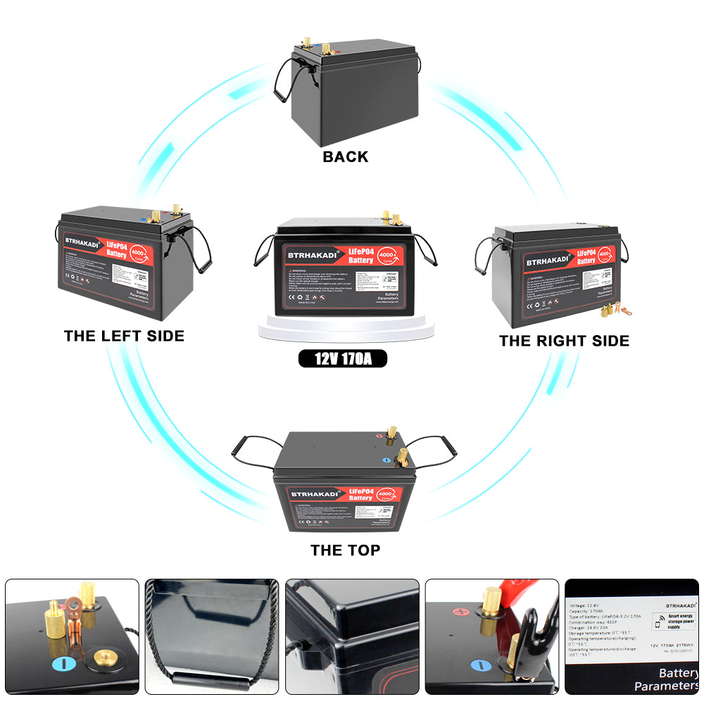 HAKADI 12V 170Ah LiFePO4 Rechargeable Battery Pack DALY Bluetooth BMS with 14.6V 20A Charger For Solar System, RV, Boat