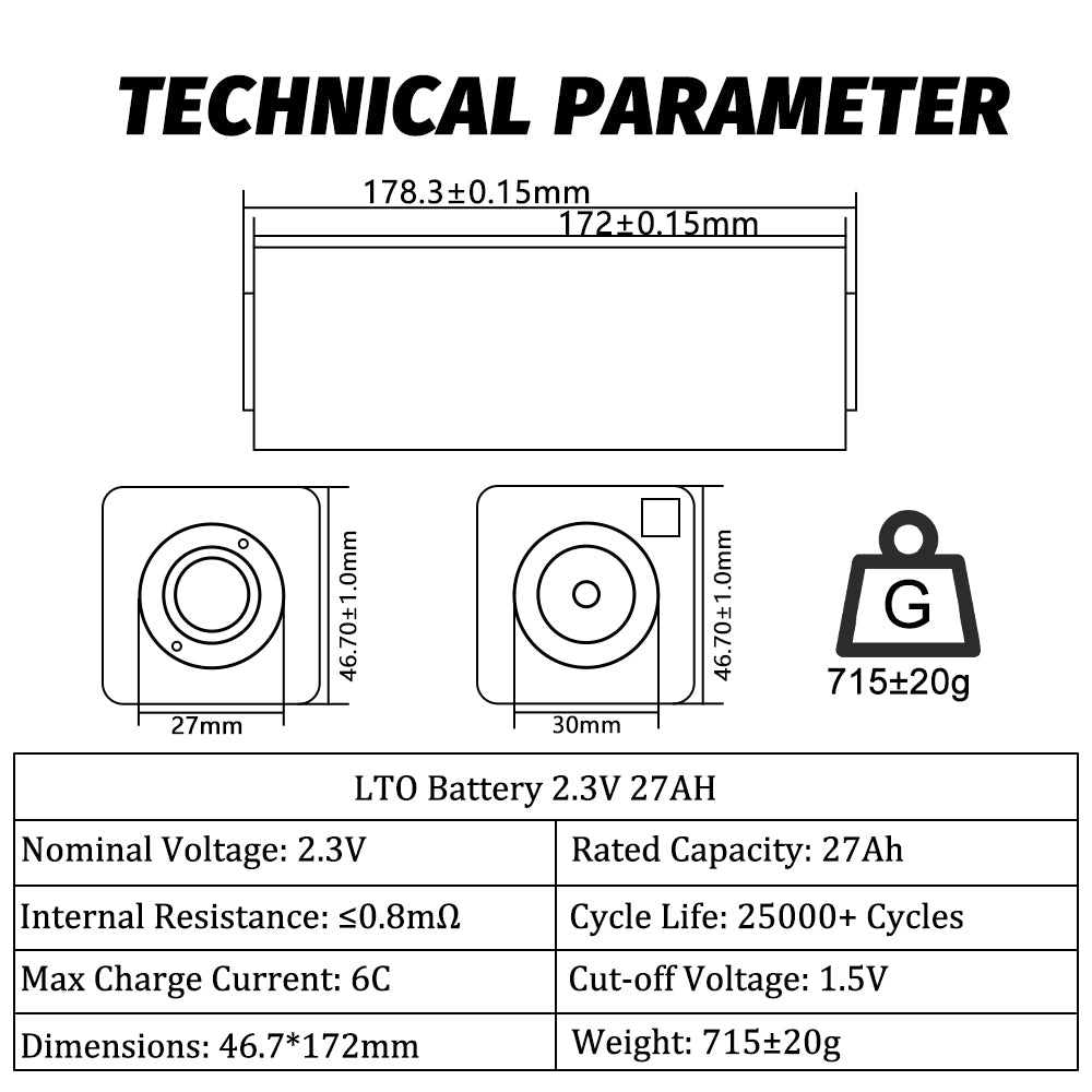 HAKADI Grade A 2.3V 27AH LTO Battery Prismatic Cells 25000+ Cycle Life For Solar System, RV