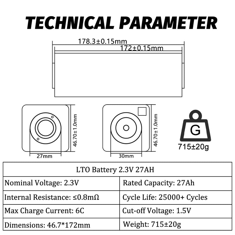 HAKADI Grade A 2.3V 27AH LTO Battery Prismatic Cells 25000+ Cycle Life For Solar System, RV