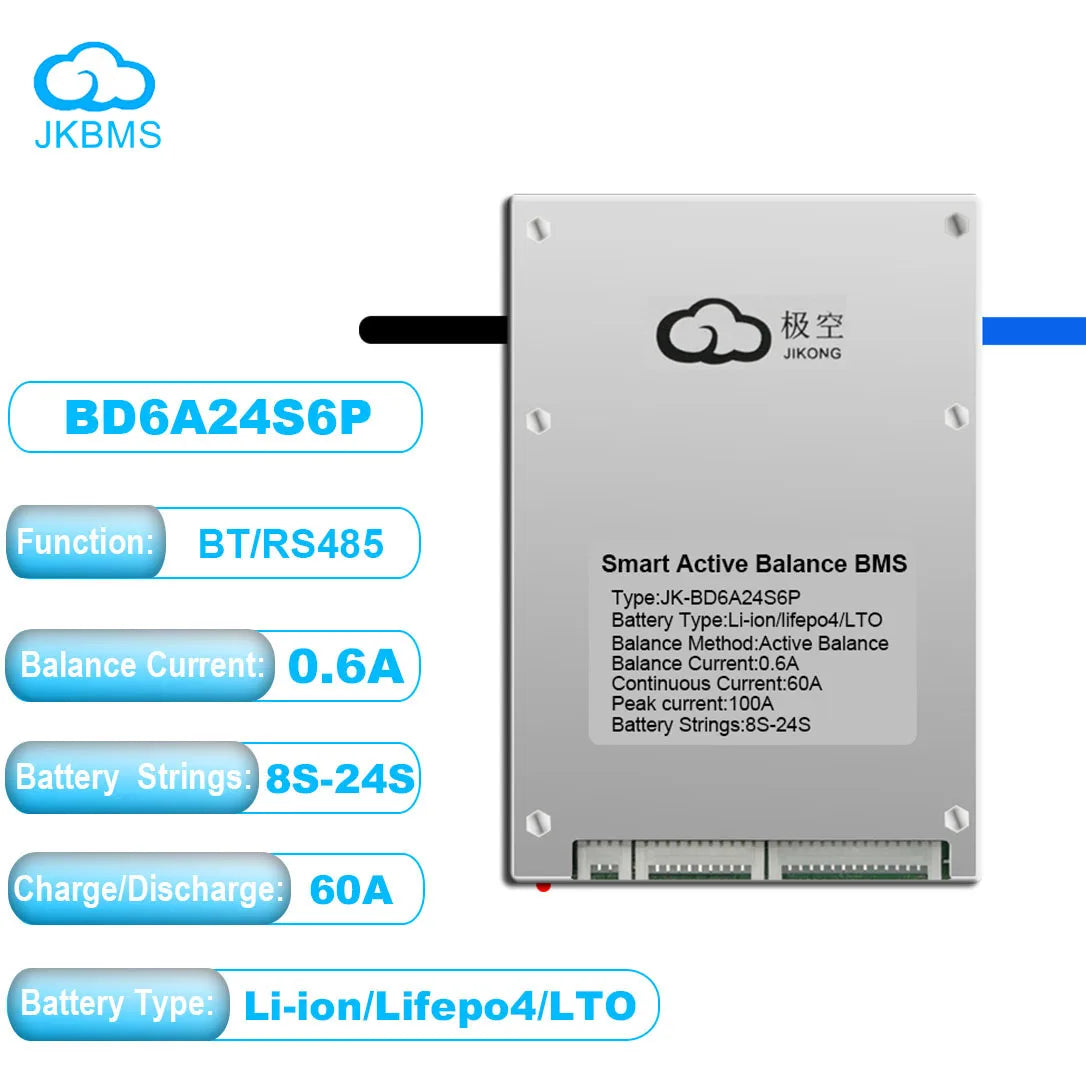 EU Stock JK Bms Active Balance Bms 4S 8S 12S 16S 20S 24S Smart Bluetooth Bms 60A 80A 100A 150A 200A for Lifepo4 Li-Ion Lto Battery