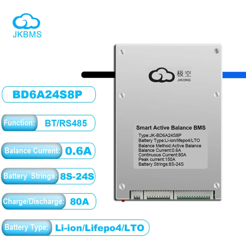 EU Stock JK Bms Active Balance Bms 4S 8S 12S 16S 20S 24S Smart Bluetooth Bms 60A 80A 100A 150A 200A for Lifepo4 Li-Ion Lto Battery