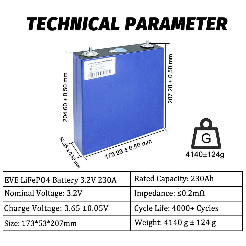 EVE 230Ah LiFePO4 3.2V LF230 Grade A Battery Rechargeable Prismatic Cells For Solar Wind Energy Storage System