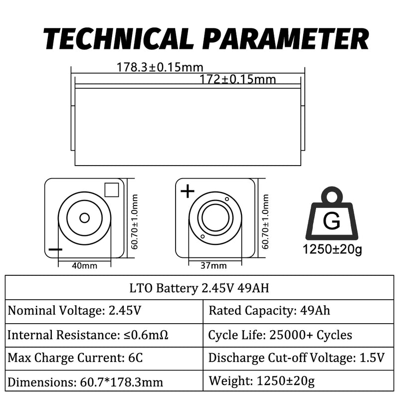 HAKADI Grade A 2.3V 49Ah LTO Battery Prismatic Cells 25000+ Cycle Life For Solar System, RV