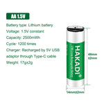 HAKADI 4 PCS/ Set 1.5V 2500mWh AA Rechargeable Lithium Battery With Type-C For Temperature Gun Mouse Toy Batteries