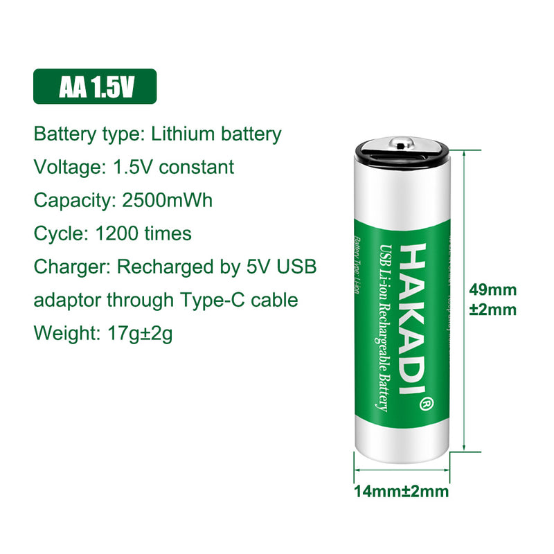 HAKADI 4 PCS/ Set 1.5V 2500mWh AA Rechargeable Lithium Battery With Type-C For Temperature Gun Mouse Toy Batteries
