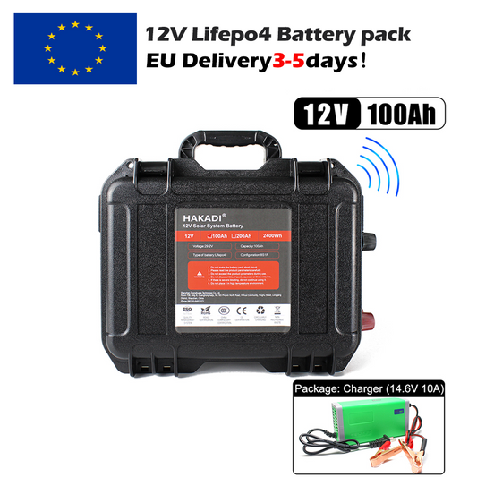 EU Stock HAKADI 12V 100Ah Lifepo4 Battery Pack With Bluetooth BMS and 14.6V 10A Battery Charger For Boat RV Fish Finder