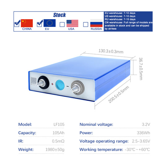 EVE LF105 Grade A Cells LiFePO4 3.2V 105Ah Battery 4-16PCS For EV RV Solar DIY 12V 24V 48V Battery Pack