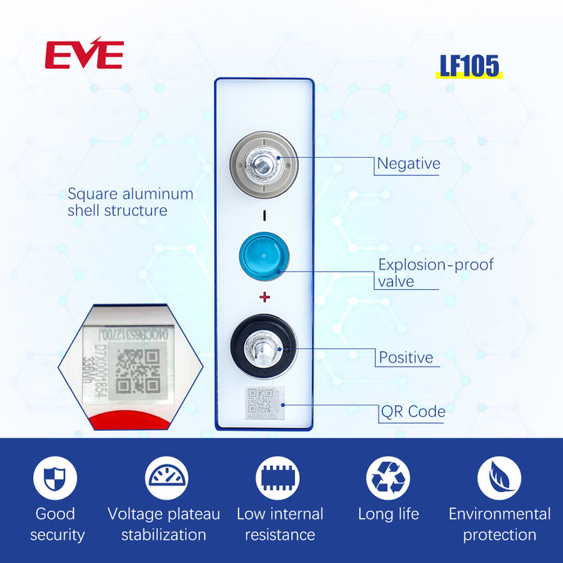 EVE LF105 Grade A Cells LiFePO4 3.2V 105Ah Battery 4-16PCS For EV RV Solar DIY 12V 24V 48V Battery Pack