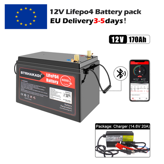 EU Stock ! HAKADI 12V 170Ah Lifepo4 Rechargeable Battery Pack With Bluetooth BMS and 14.6V 20A charger For Solar System RV EV Boat Fish Finder