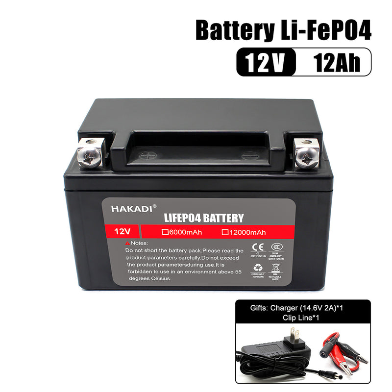 HAKADI 12V 12Ah Lifepo4 Rechargeable Battery Pack For 125CC-200CC Motorcycle Start Power With 14.6V 2A Charger