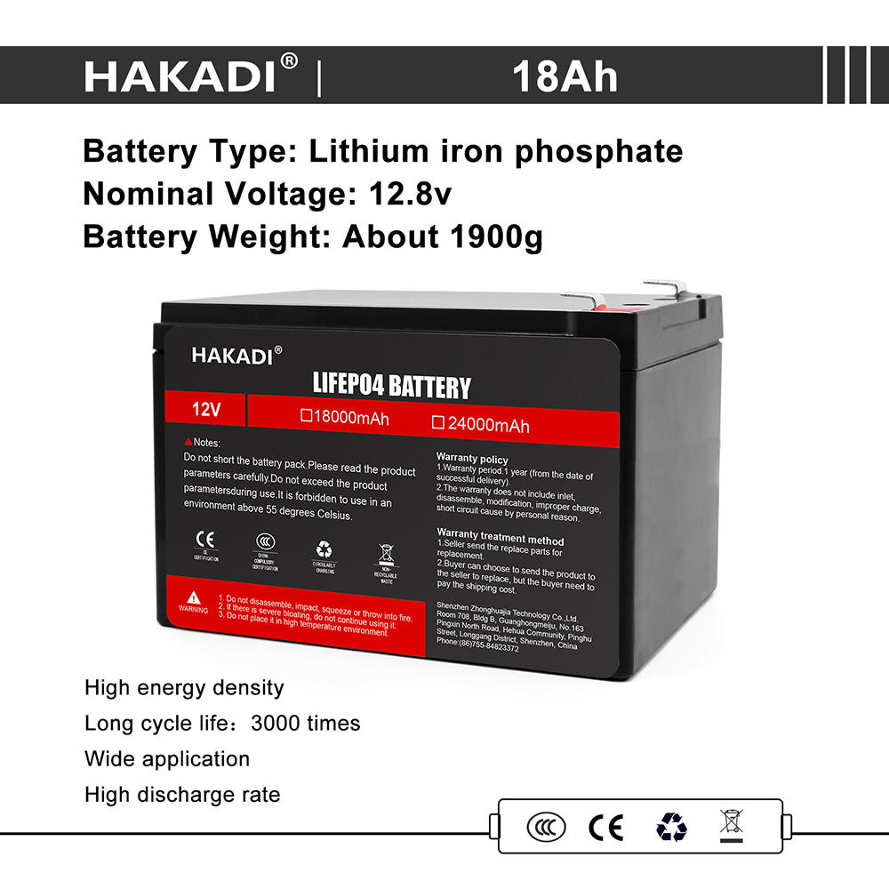 HAKADI 12V 18Ah Lifepo4 Rechargeable Battery Pack WIth 14.6V 3A Charger High Power Long Cycle Life For Solar Energy Storage Supply