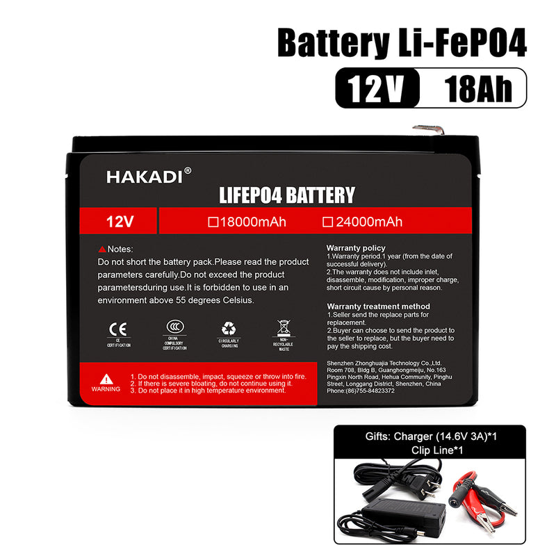 HAKADI 12V 18Ah Lifepo4 Rechargeable Battery Pack WIth 14.6V 3A Charger High Power Long Cycle Life For Solar Energy Storage Supply