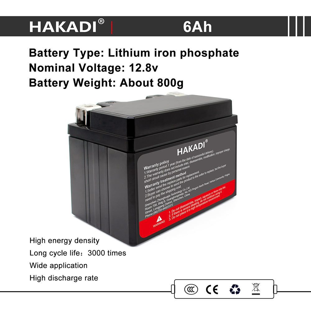 HAKADI Lifepo4 Power Starter 12V 6Ah Rechargeable Battery Pack Build-in BMS For 90-125CC Motorcycle  Long Cycle Life