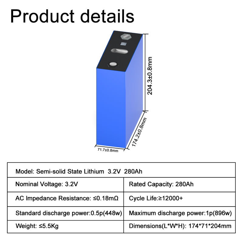 Semi-solid Battery 3.2V 280Ah LiFePO4 Rechargeable Brand New Grade A+ Cell 12000+ Cycle For DIY Solar System EV RV Boat