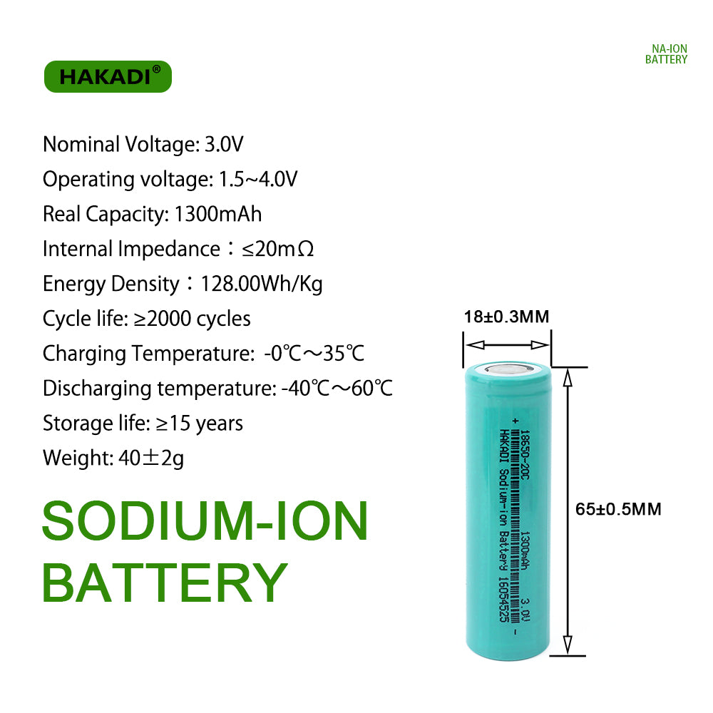 HAKADI Sodium-ion 18650 3V 1300mAh Cells Discharge 20C NA Battery Rechargeable For E-bike Power Tools DIY 12V 24V 48V 72V Battery Pack