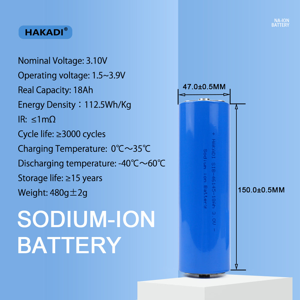 HAKADI Sodium-ion Battery 3V 18Ah SIB Rechargeable NA-ion Cell Cycle Life 3000+ For E-bike RV EV