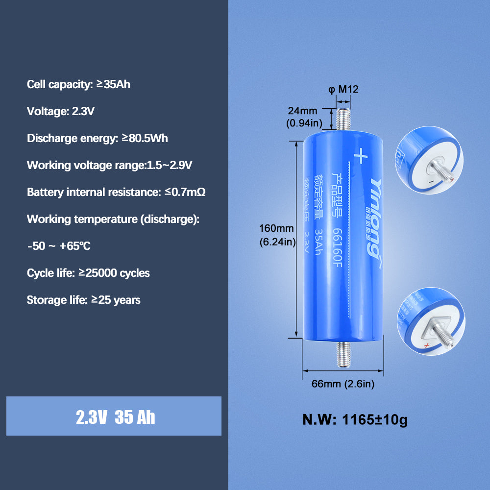 LTO Yinlong 2.3V 35Ah Battery Cycle life 25000+ Cell For -50 °low temperature discharge DIY Battery Pack 12V 24V 48V