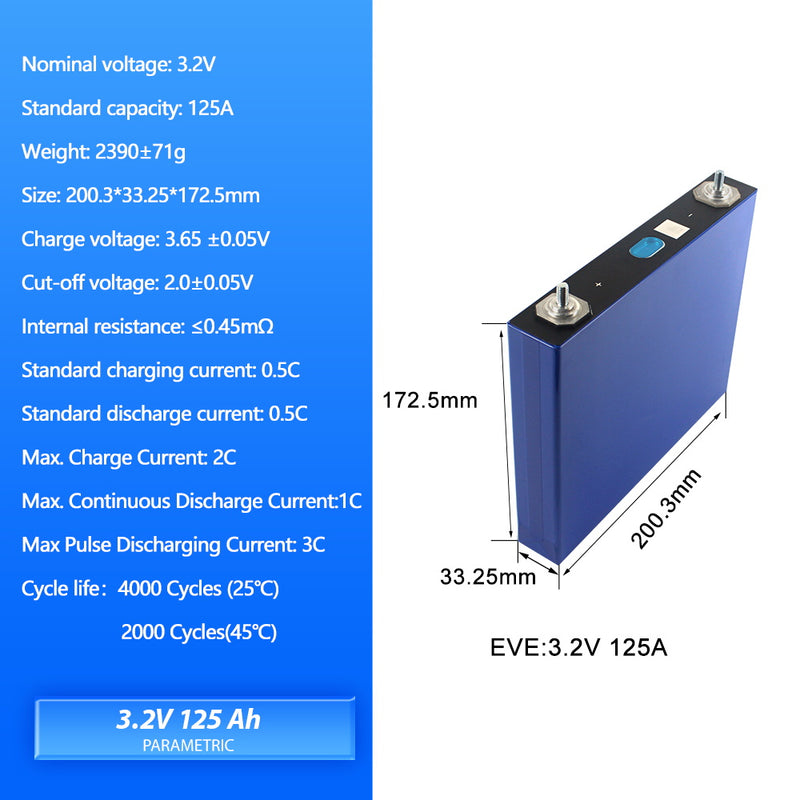 LiFePO4 EVE 3.2V 125Ah Battery Grade A Cells 4000+ Cycle Life For RV, EV, Solar,Diy Battery Pack