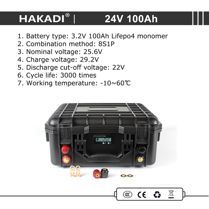 HAKADI 24V100Ah Lifepo4 Deep Cycle Battery Pack In Stock For Solar Energy Storage RV EV Golf cart Boat Power Supply Support OEM